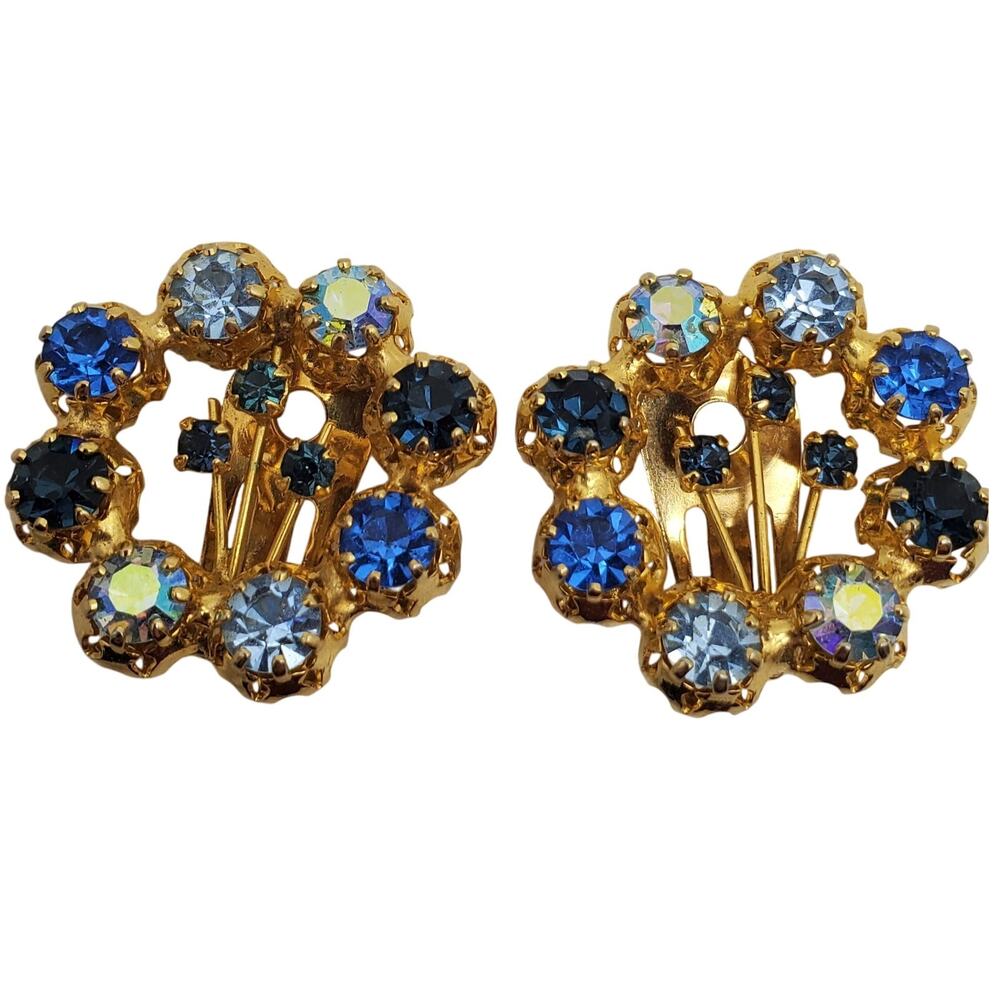 Austrian Crystal Clip Earrings Multi Blue Rhinestones Gold Tone Round Circle AB
